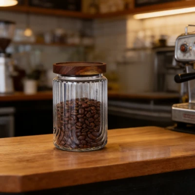 U-Groove Textured Glass Storage Jar With Acacia Wood Lid